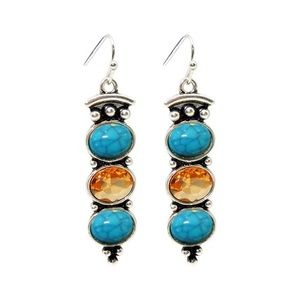 New Sterling Silver Handmade Bohemian Turquoise Topaz Geometric Dangle Earrings